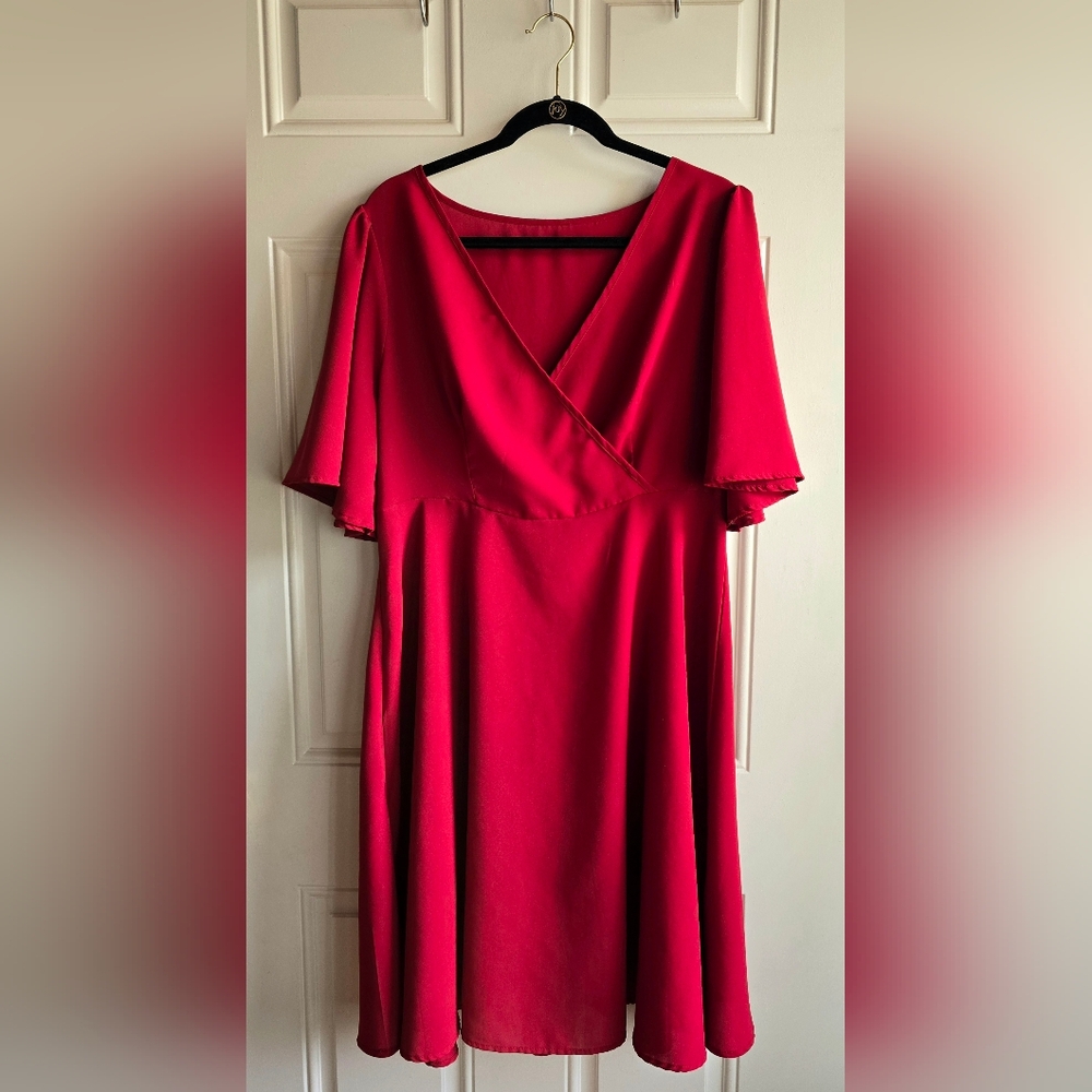 Red Dress with Butterfly Sleeves and Surplice Neckline, Plus Size 1X (14-16)
